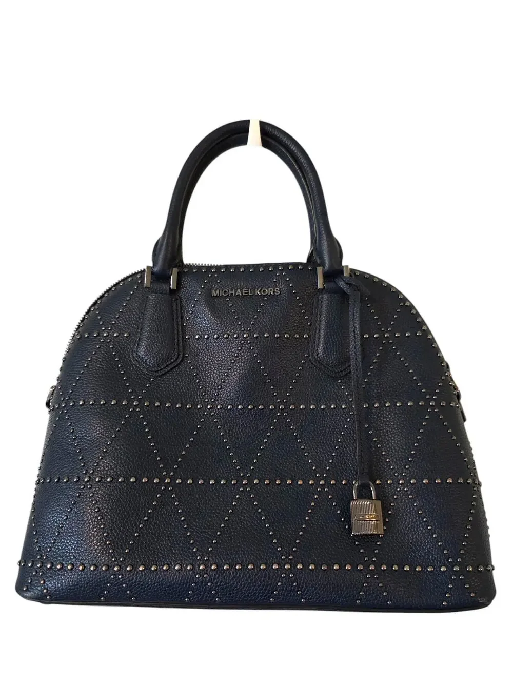 Michael Kors Adele Studded Dome Satchel Handbag Purse Navy Blue Pebbled Leather